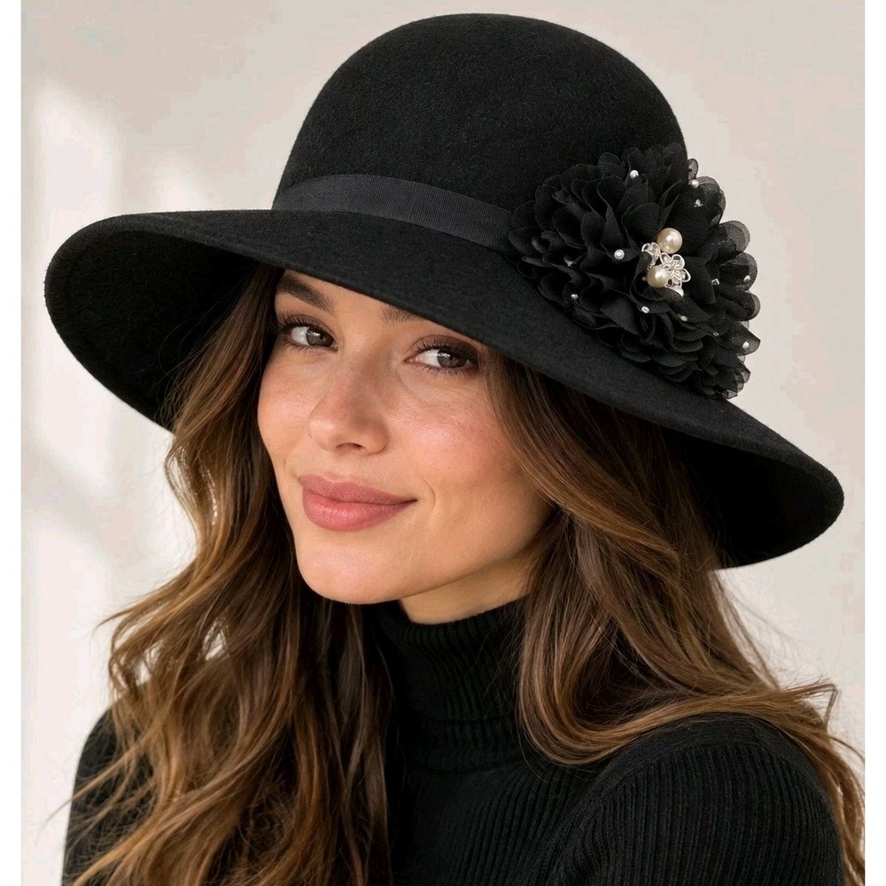 Women's Black 100% Wool Wide Brim Floppy Hat SM/MD Flower Pearl Rhinestone